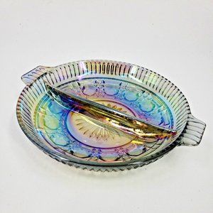 Vintage Smoky Blue Carnival Glass Divided Relish Candy Plate Indiana Windsor EC